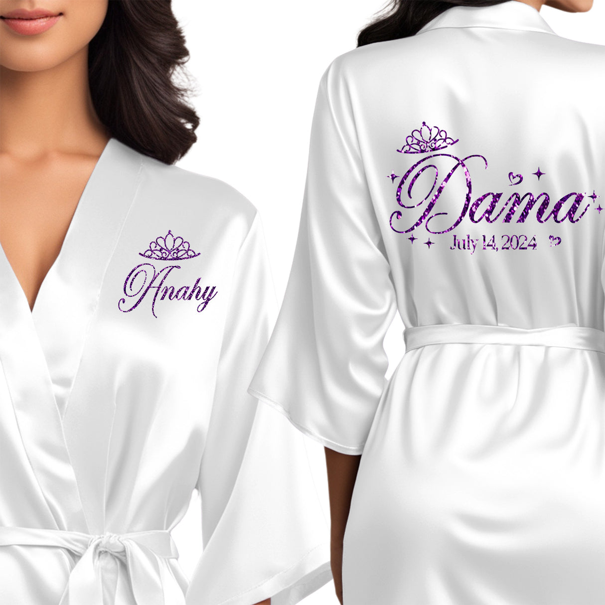 White quinceanera robes for damas. Beautiful satin white robes with purple glitter.