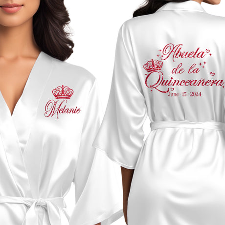 Front and back personalized satin quinceanera robe at knee length. Abuela de la quinceanera getting ready robes.