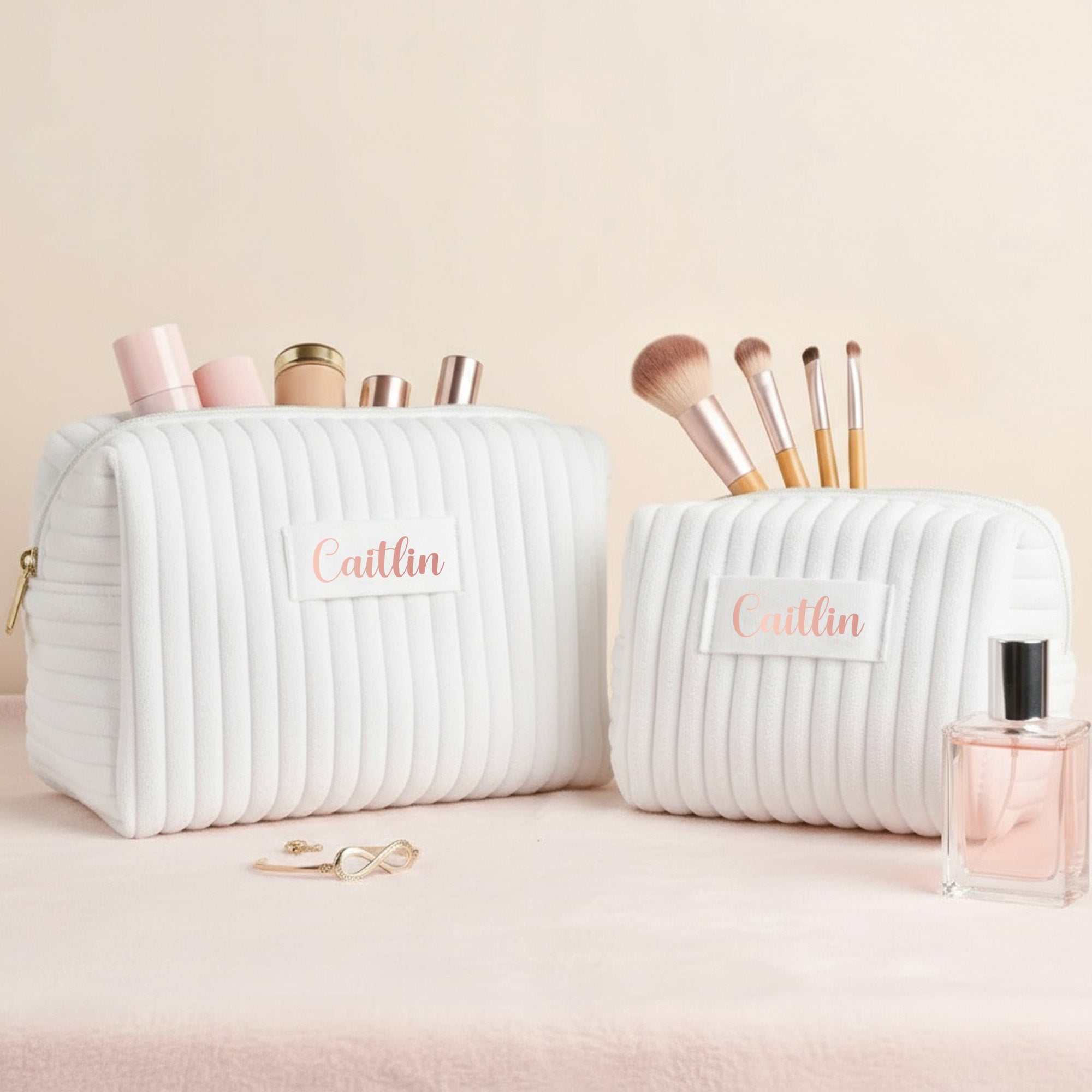 Personalized Velvet Makeup Bag Matching Set with Name