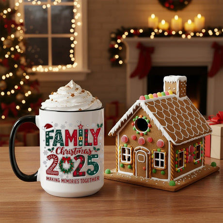 Our 15oz ceramic mug white black handle is great for all those Christmas drinks. The mug features a red and green festive design with the words Family Christmas 2025, Making Memories Together.
