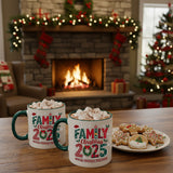 White ceramic mug with green handles. Great for hot chocolate and coffee during the cold holiday months.  It has a cute Christmas design. A nice keepsake to remember the holidays.