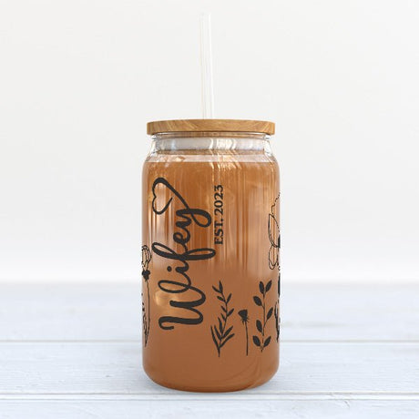 Simple Floral Wifey Iced Coffee Glass Tumbler Personalized with Year Established - Gifts Are Blue