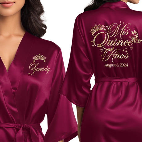 Pretty personalized wine burgundy satin quinceanera robes. The perfect getting ready mis quince anos robes with champagne gold glitter. Pretty quinceanera gifts