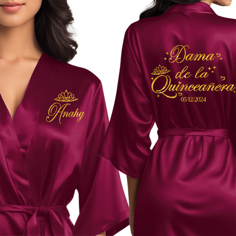 Dama de la quinceanera satin robes that can be personalized for your quinceanera squad.