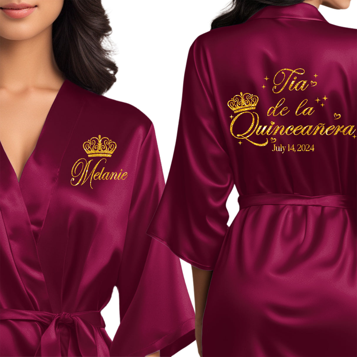 Beautiful wine burgundy quinceanera robes. Personalized satin robes for tia de la quinceanera. 