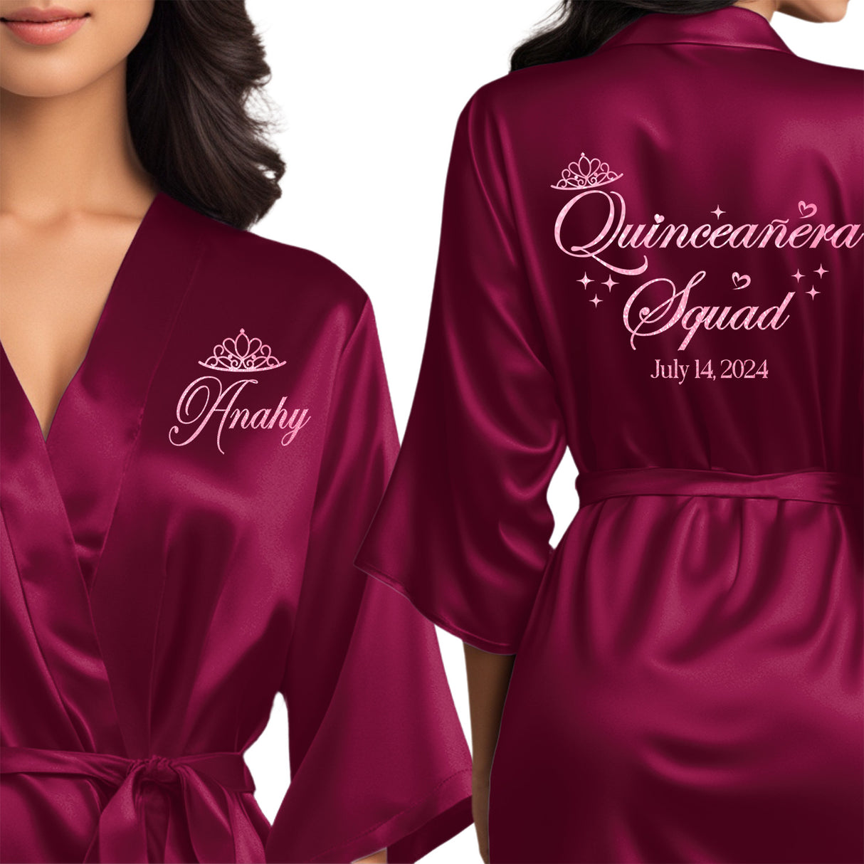 The perfect personalized satin wine burgundy quince robes for the entire quinceanera squad. 