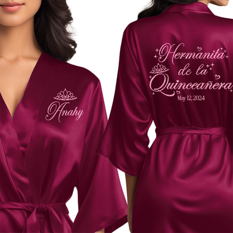 Women's quinceanera satin robes. Personalize with your name and event date. Wine burgundy quince robes for little sister.