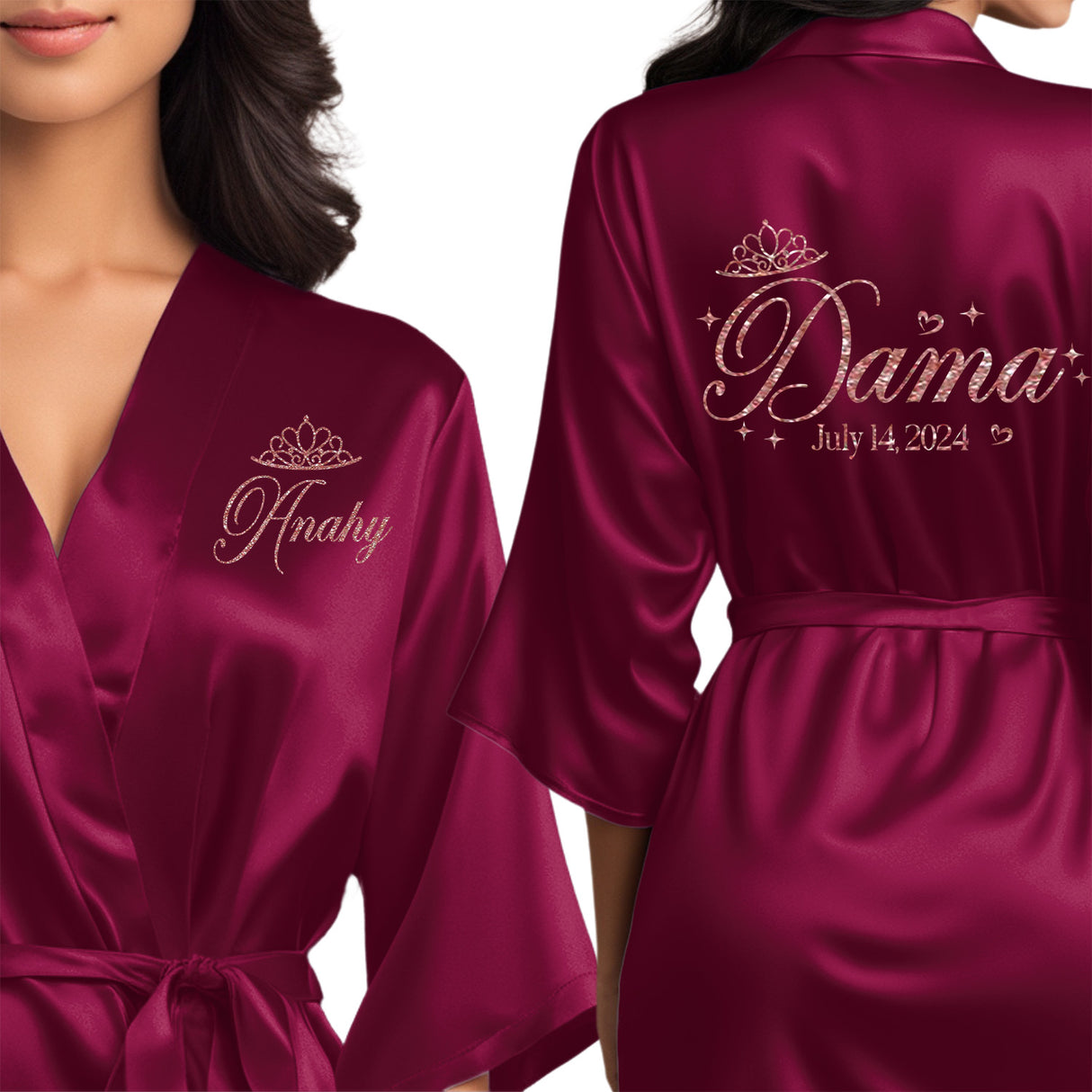 Wine burgundy quinceanera robes for damas. Beautiful satin wine burgundy robes with rose gold glitter.