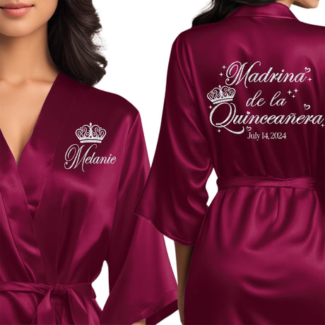 Satin wine burgundy quince robes with silver glitter. Madrina de la quinceanera getting ready robes.