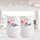 Personalized Bridesmaid Wine Tumbler Glasses with 3 Wreath Floral Frames - Front & Back Design - Custom Text