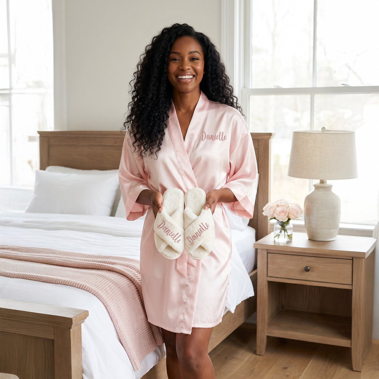 satin robe and slipper set for sizes small to 5xl. Robes are available in 26 colors and can be personalized in the front and back. Slippers are also available in several sizes and designs options.