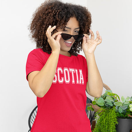 Red Scotia custom tee with white print varsity style text. all SKUs