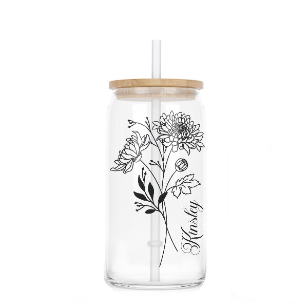Wild Flowers Bamboo Lid Can Glass Drink 16oz or 20z Cup Gift Personalised  Includes Glass Straw Mug Coffee Boho Mothers Day 