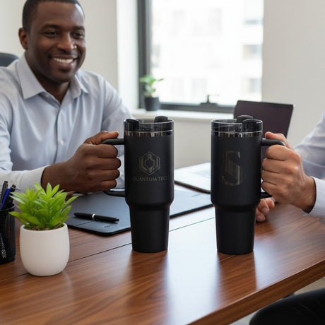 Custom 40oz Black Plated Business Logo Tumblers for Corporate and Small Businesses - Gifts Are Blue