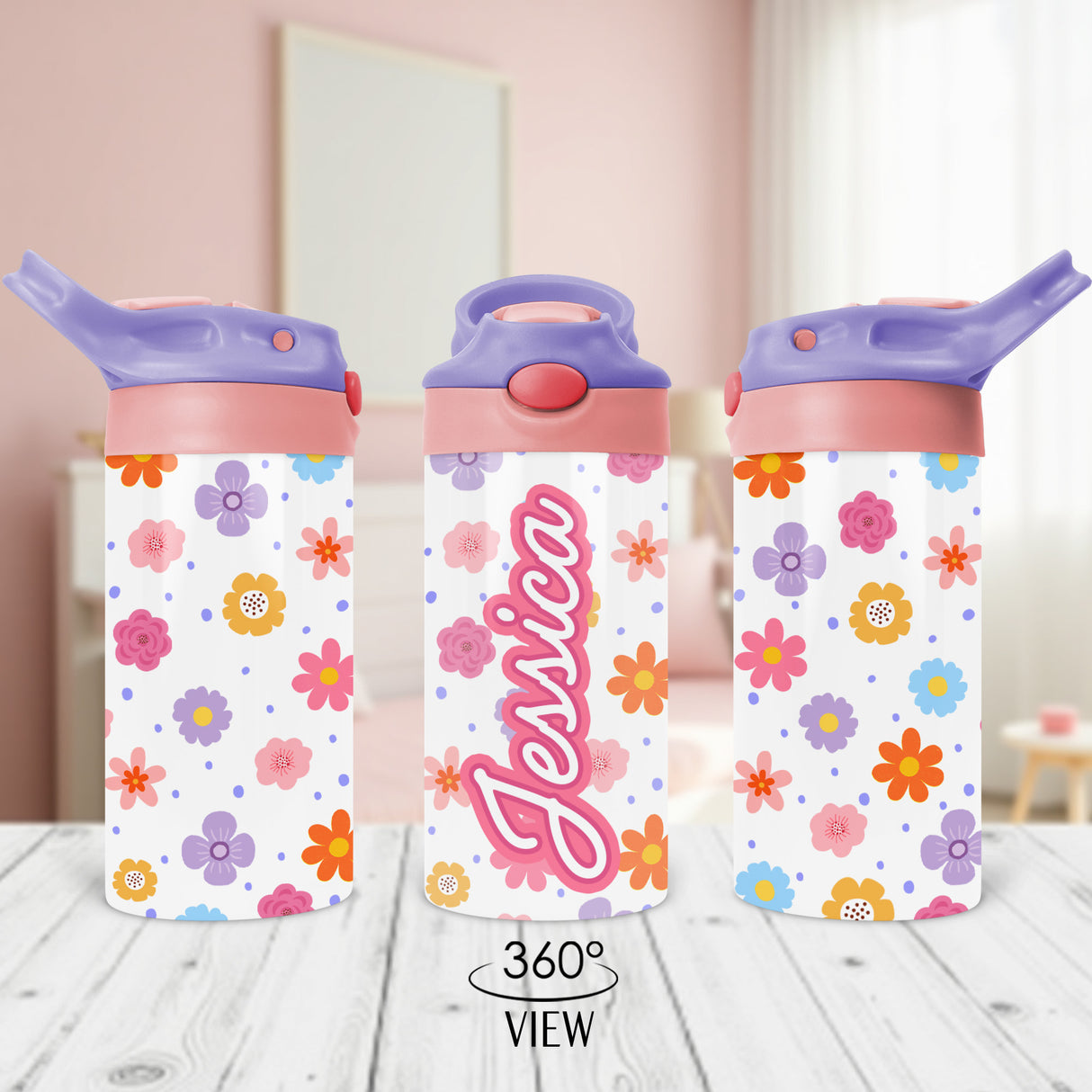 Flower-themed personalized water bottle for kids a fun and practical gift for birthdays or first day of school.