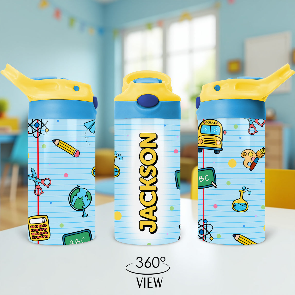 Custom water bottle for kids with name ideal for school lunches preschool and elementary.