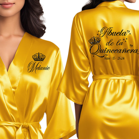 Front and back personalized satin quinceanera robes at knee length. Abuela de la quinceanera getting ready robes.