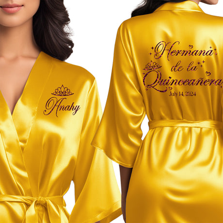 Personalized yellow gold quinceanera robes with burgundy glitter. Hermana de la quinceanera getting ready robes.