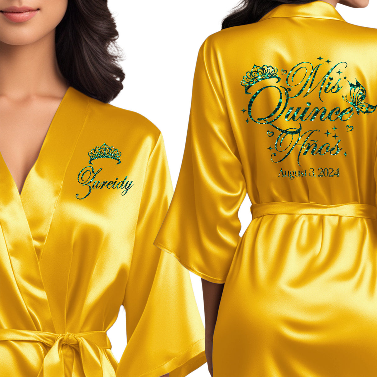 Personalized yellow gold satin quinceanera robes. The perfect getting ready mis quince anos robes with emerald green glitter. 