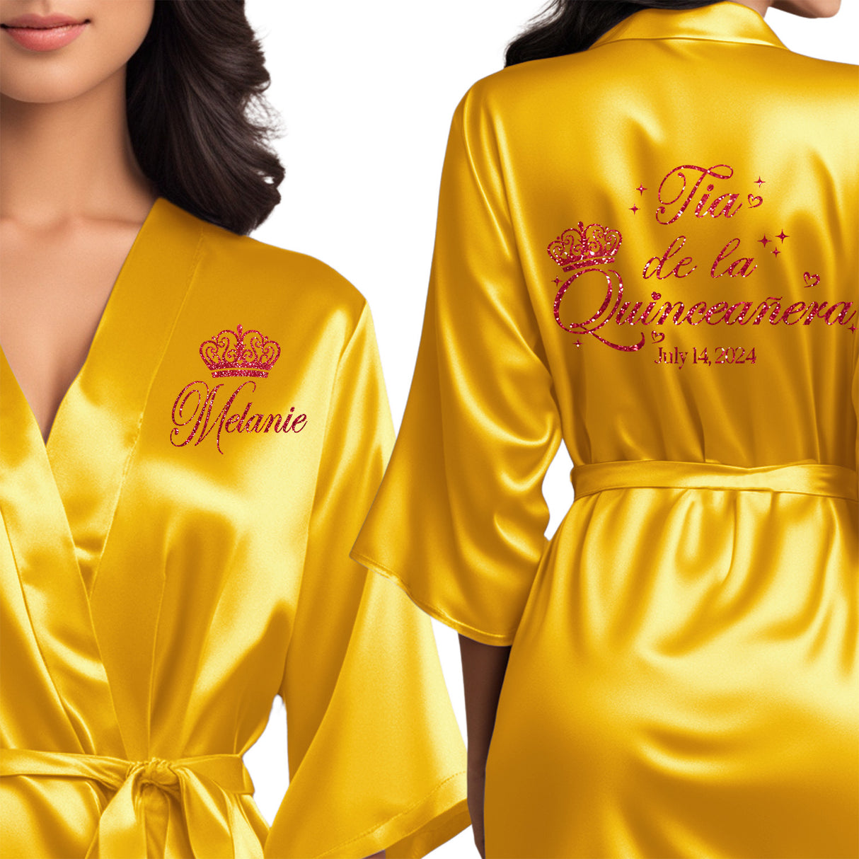 Beautiful yellow gold quinceanera robes. Personalized satin robes for tia de la quinceanera. 