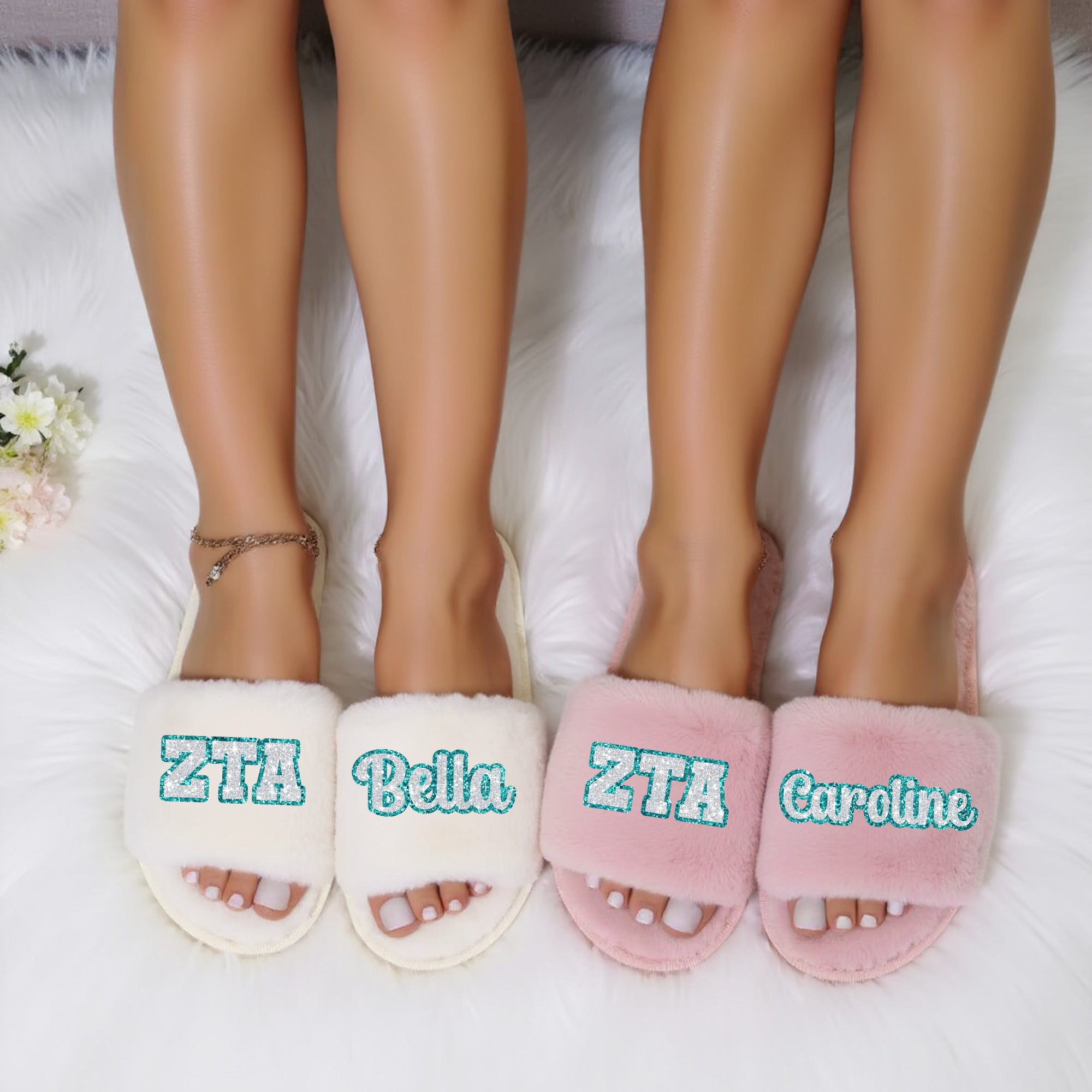 Sorority sisters matching slippers with custom college design, great for bid day, big little gifts, or rush week.