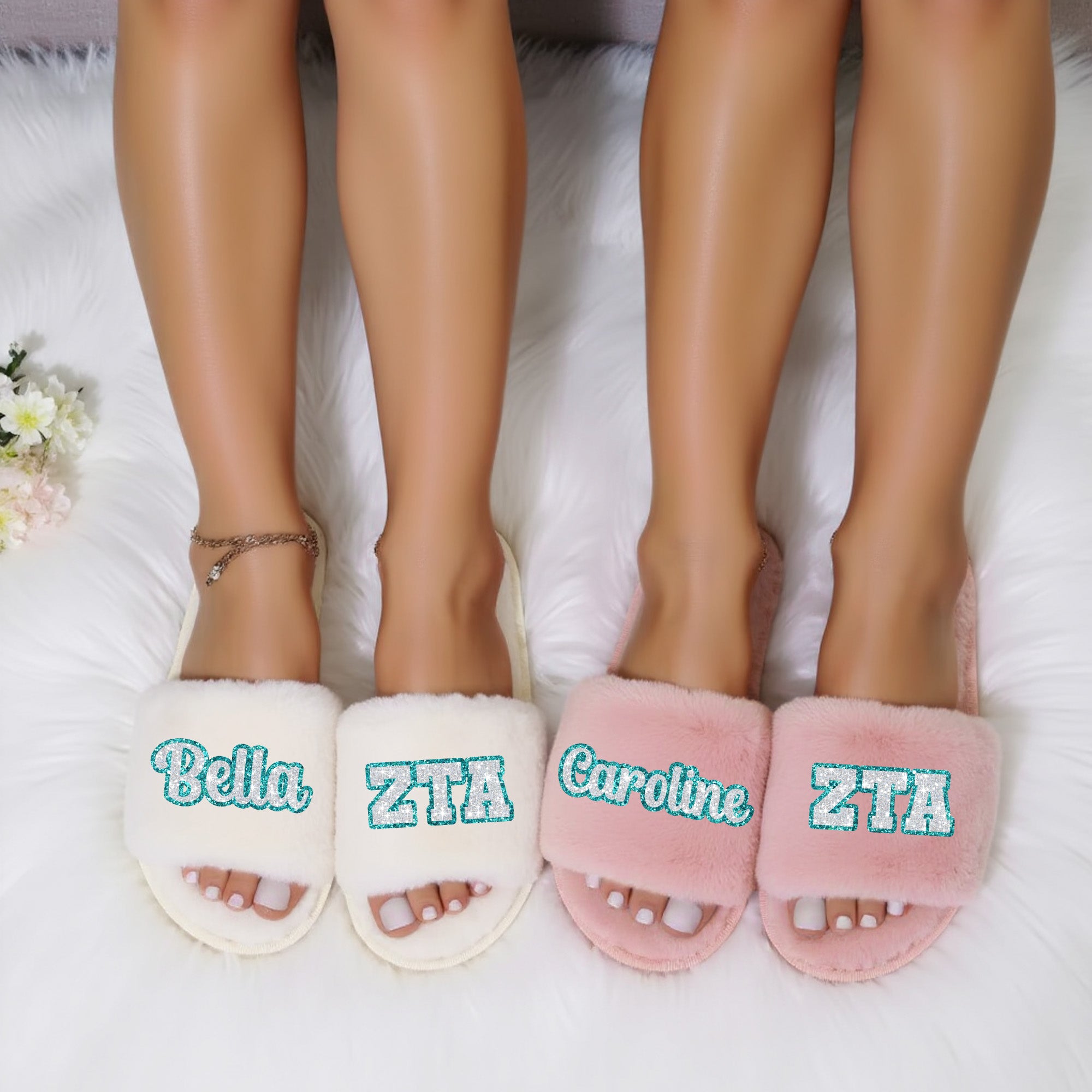 Sorority sisters matching slippers with custom college design, great for bid day, big little gifts, or rush week.
