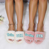 Sorority sisters matching slippers with custom college design, great for bid day, big little gifts, or rush week.