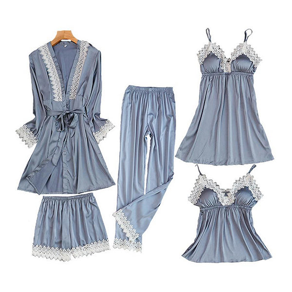 5pcs Womens Robe, Nightgown and Pajama Set, Satin w Lace