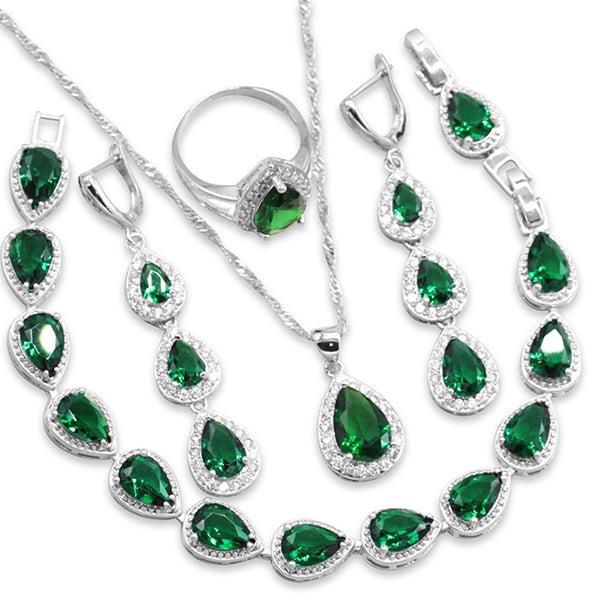 Womens Jewelry Set, 925 Sterling Silver, 4pcs Jewelry Set, Gifts For Anniversary, Alt 2; Emerald Green