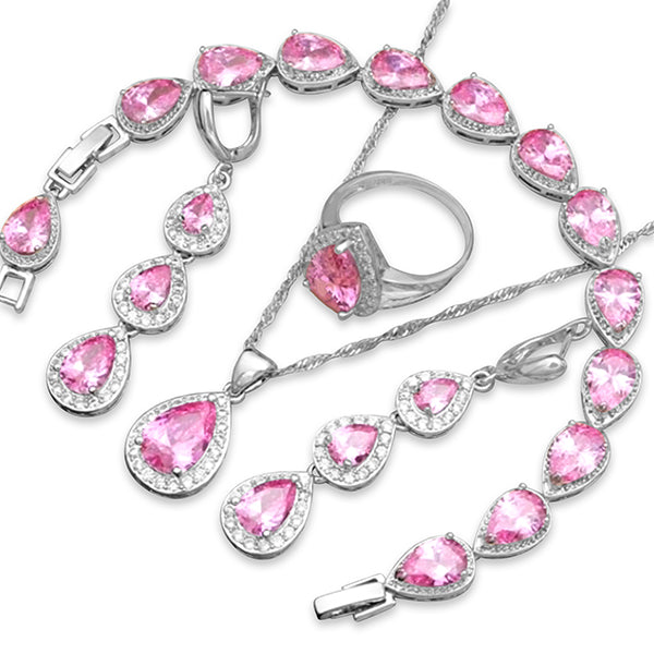 Womens Jewelry Set, 925 Sterling Silver, 4pcs Jewelry Set, Gifts For Anniversary, Alt; Tourmaline Pink