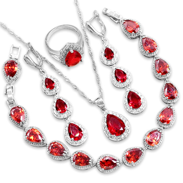 Womens Jewelry Set, 925 Sterling Silver, 4pcs Jewelry Set, Gifts For Birthday, Alt; Garnet Red