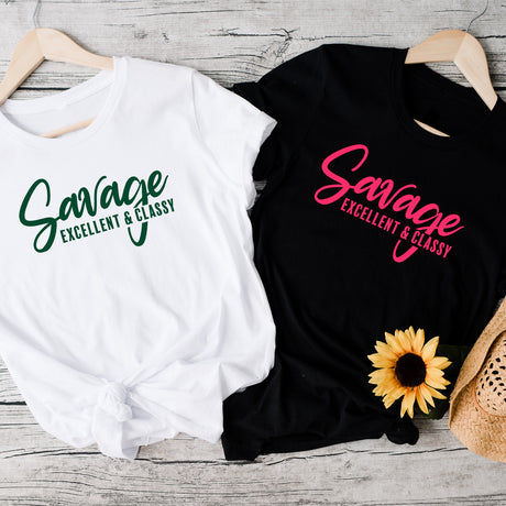 Savage, Excellent and Classy Tshirt with red glitter print. Available in sizes from XS to Womens Plus 6XL.  Personalize shirt by choosing your print color in various shirt styles.