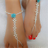 Blue Rose Pearl Barefoot Sandal Anklet, Beach Wedding Footwear