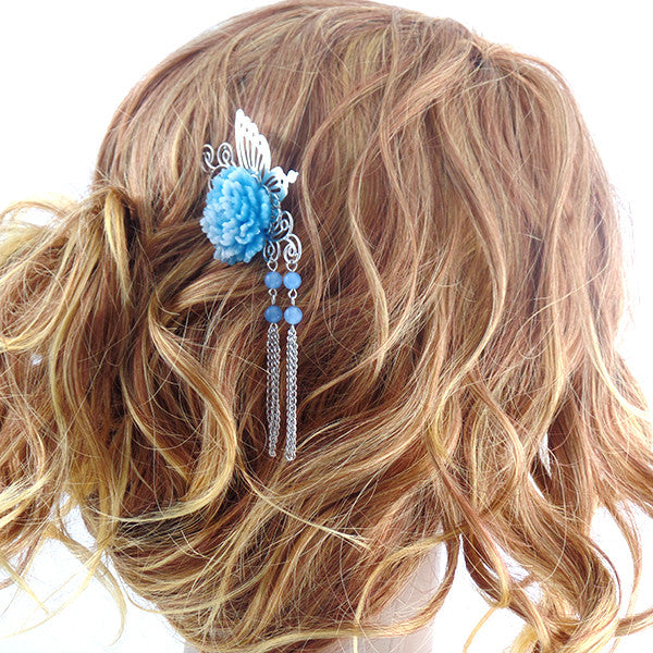 Stylish Butterfly and Pearl Hair Stick Pin with Blue Flower - Gifts Are Blue - 2