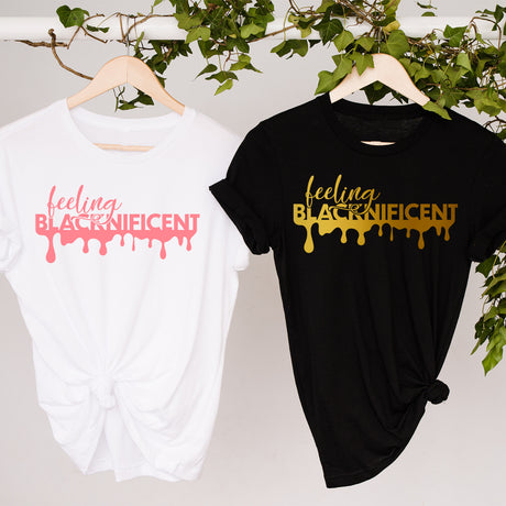 Our Feeling Blacknificent shirt with blue glitter print.  Personalize this top with standard print or glitter print.  This Black History Month Shirt is available in several styles and colors. Its the perfect Melanin shirt for teens and women.