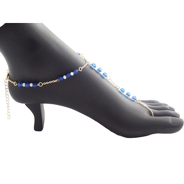 Gold Blue Glass Beads Foot Chain Jewelry, Barefoot Sandals Set - Gifts Are Blue - 2