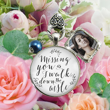 Wedding Charms, Missing-you-as-I-walk-down-the-aisle-wedding-bouquet-memory-silver-Blue-pearl-Alt; Silver/Blue Pearl 1 Frame