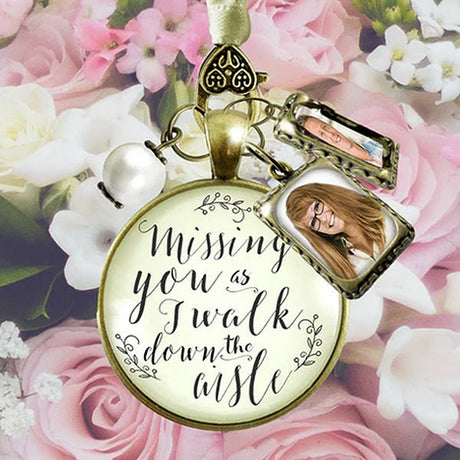 Wedding Bouquet Charms, Missing You Keepsake Gift for Bride for Photos, Bronze/White Pearl 2 Frames