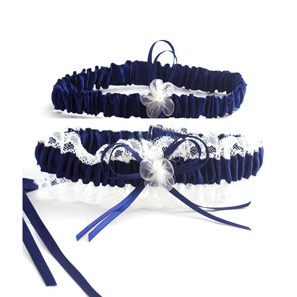 Elegant Navy Blue and Beige Lace Bride Garter Set - Gifts Are Blue - 1