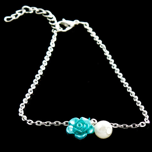 Ocean Blue Rose Anklet Jewelry with Pearl Drop - Gifts Are Blue - 3