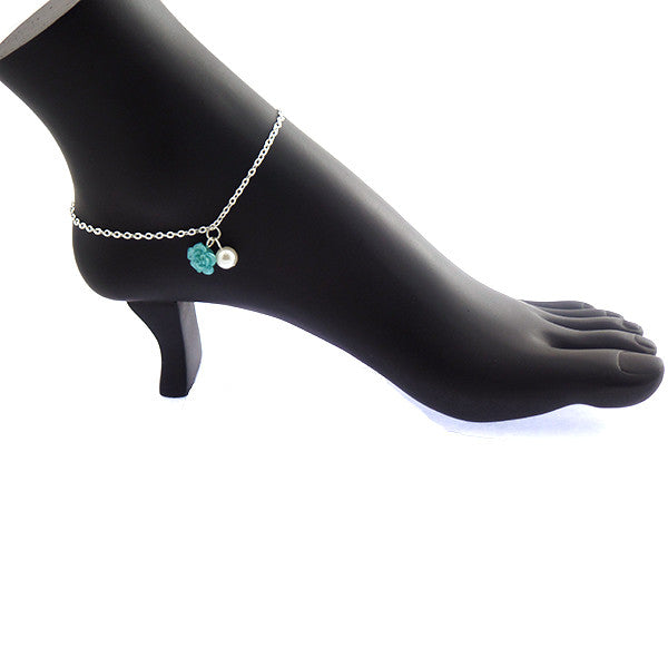 Ocean Blue Rose Anklet Jewelry with Pearl Drop - Gifts Are Blue - 1