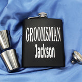 Personalized Set of 4 Matte Black Groomsmen Flask Set with Two Shot Glasses and Gift Box - 7oz, Gifts for Groomsmen, Personalized Gifts for Groomsmen - Blue Background