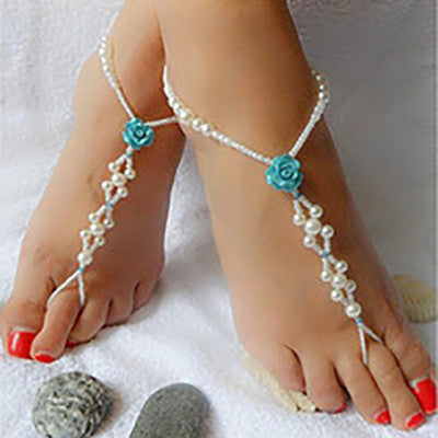 Blue Rose Pearl Beaded Barefoot Sandal Anklet, Beach Wedding Footwear - Gifts Are Blue - 3