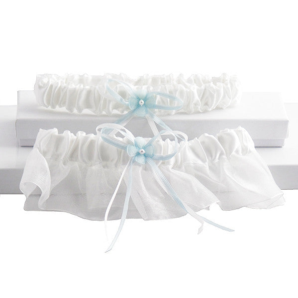 Sleek 2 Pc Bridal Garter Set, White and Blue - Gifts Are Blue