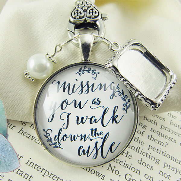 Wedding Charms, Wedding-Bouquet-Memorial-charm-missing-you-one-frame-white-silver-tone-Alt 2; Silver/White Pearl 1 Frame