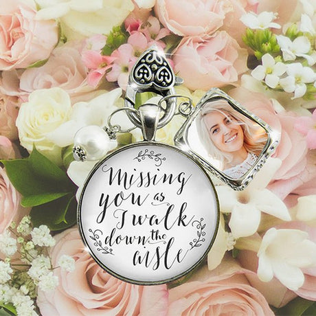 Wedding Charms, Wedding-Bouquet-Memorial-charm-missing-you-one-frame-white-silver-tone-Alt 4; Silver/White Pearl 1 Frame