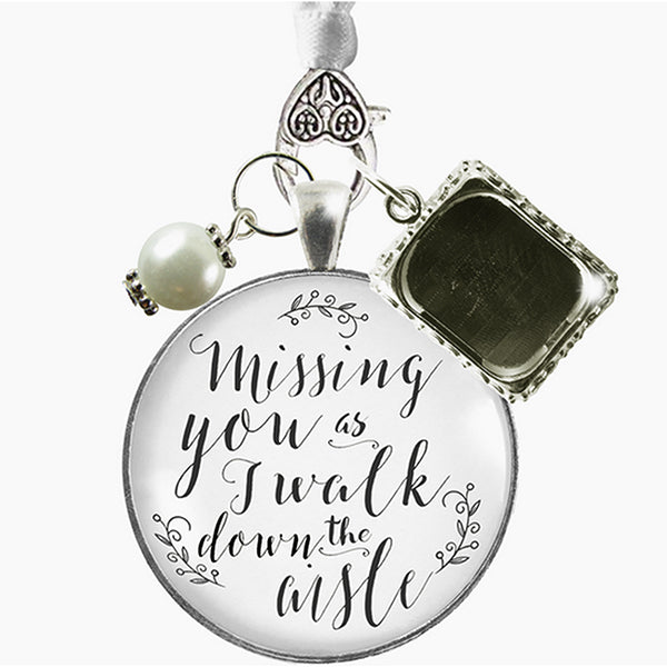 Wedding Charms, Wedding-Bouquet-Memorial-charm-missing-you-one-frame-white-silver-tone-Main; Silver/White Pearl 1 Frame