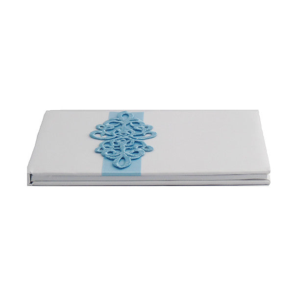 White Satin Wedding Guest Book and Pen Set with a Teal Scroll Design - Gifts Are Blue - 2