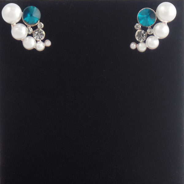 White Round Pearl Stud Earrings with Blue Rhinestone - Gifts Are Blue - 2