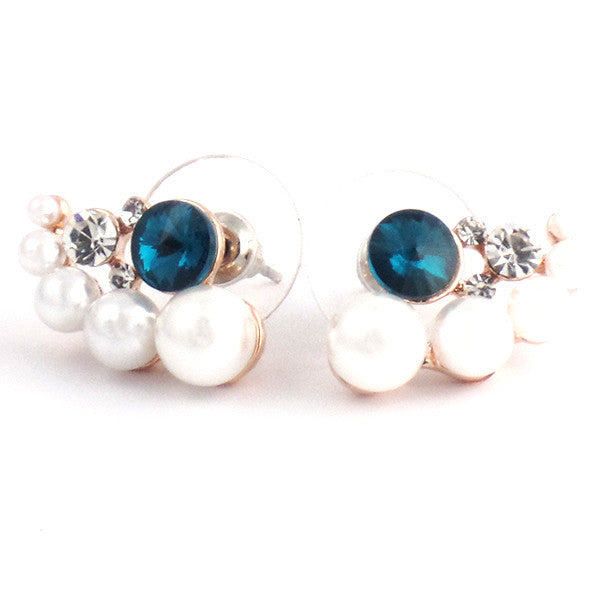 White Round Pearl Stud Earrings with Blue Rhinestone - Gifts Are Blue - 1